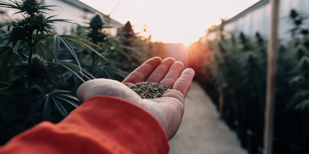 Hand holding balanced THC CBD cannabis seeds inside a greenhouse.