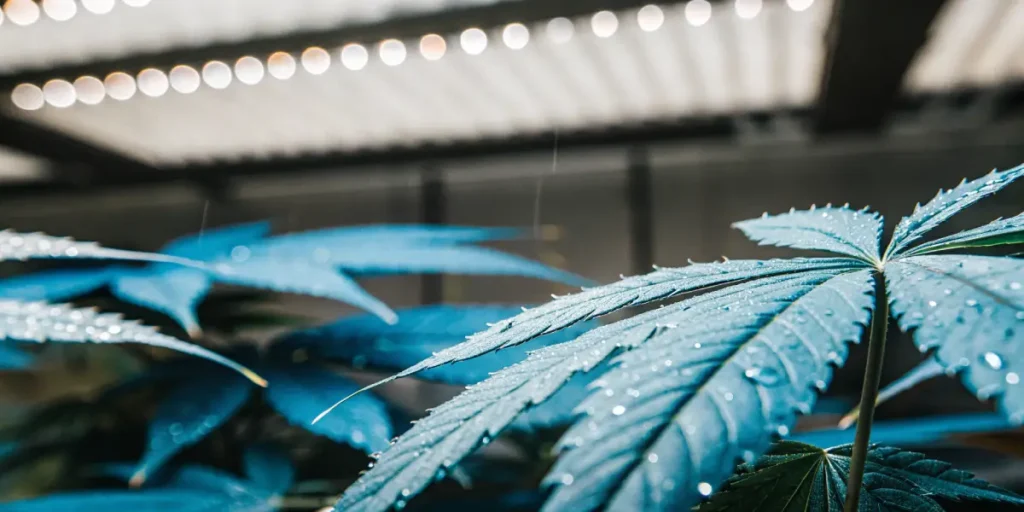 Blue cannabis leaf covered with water droplets under LED lights.