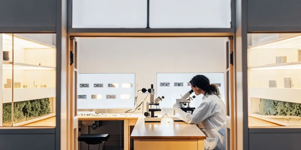modern laboratory with scientist analyzing cannabis plant under microscope