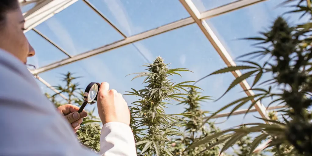 scientist examining cannabis bud with magnifying glass inside greenhouse