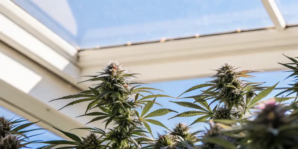 cannabis buds developing under natural light in a greenhouse