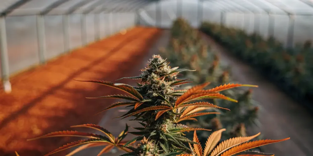 cannabis buds with orange leaves growing in greenhouse rows