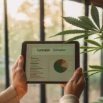 Cultivator analyzing cannabis data on a tablet beside a plant.