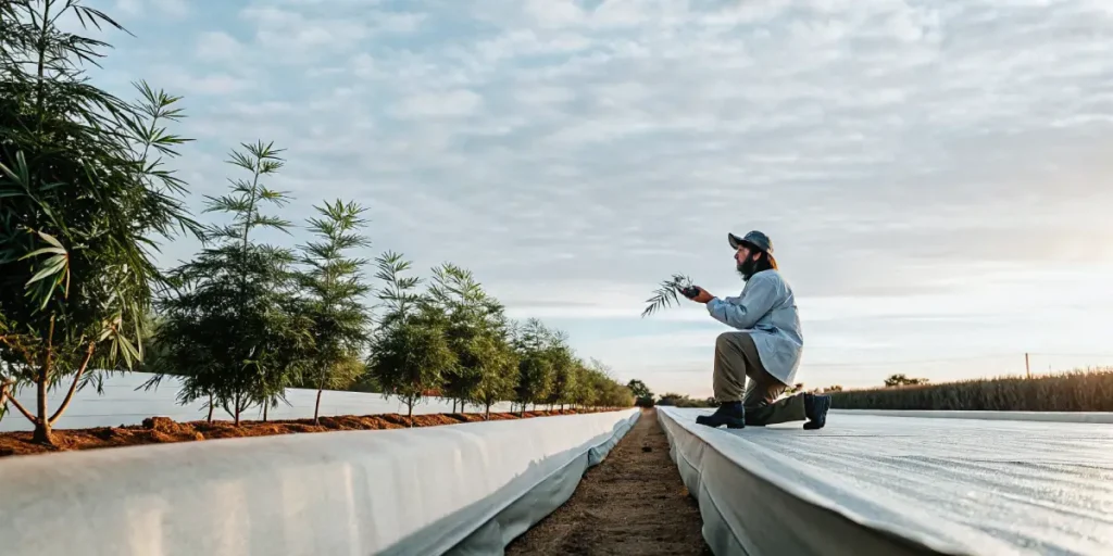 cannabis farmer inspecting plants in large outdoor field at sunrise