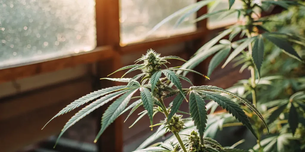 cannabis flower developing under natural sunlight in greenhouse