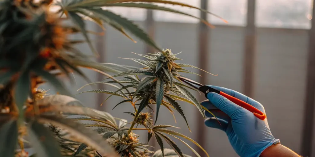 Gloved hand inspecting a cannabis flower with tweezers in greenhouse lighting.