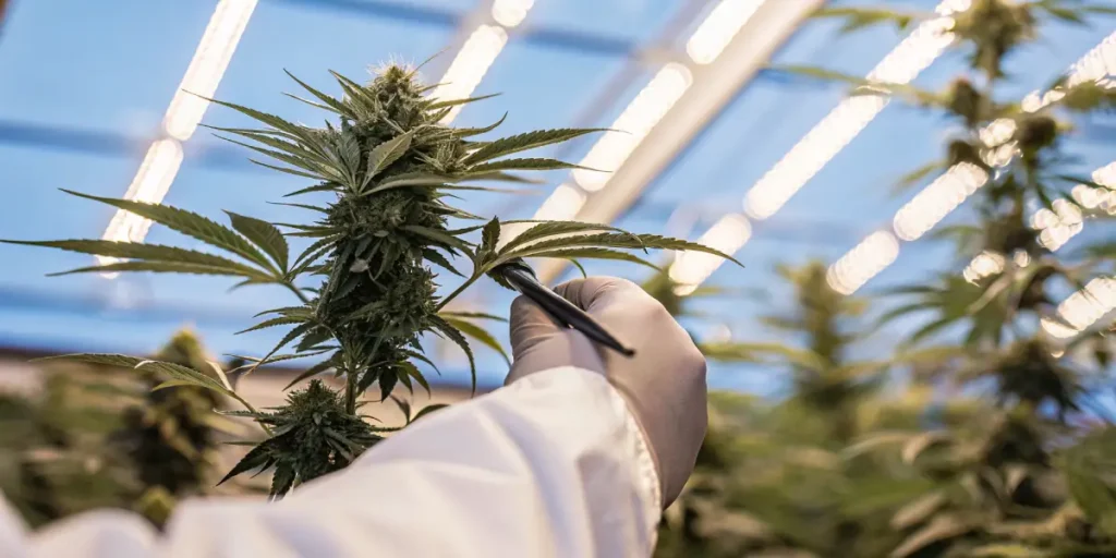 scientist inspecting cannabis flower under LED lights in laboratory