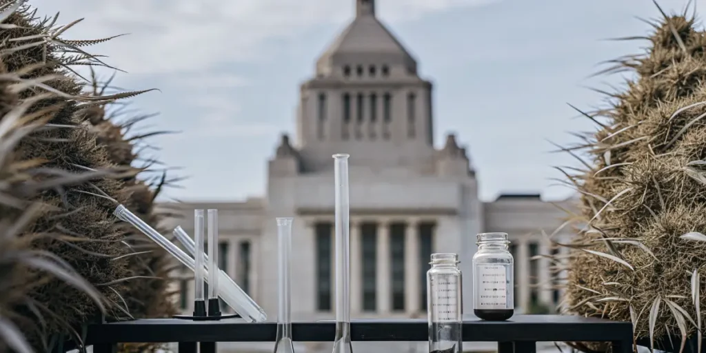 Cannabis plants with laboratory glassware in front of a government building representing scientific testing and regulation.