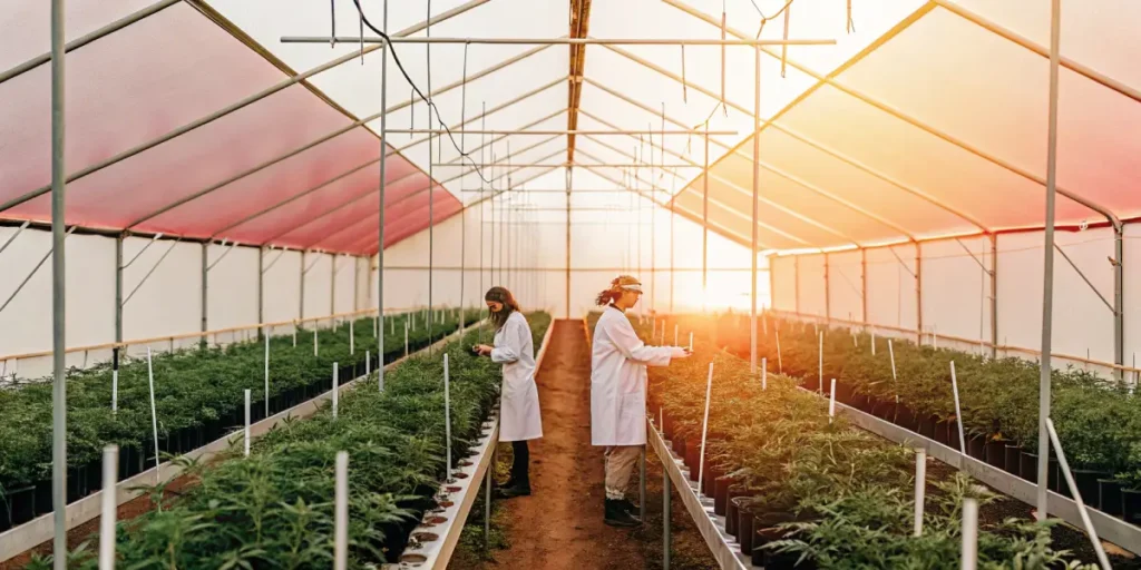 scientists working in cannabis greenhouse at sunset examining plants