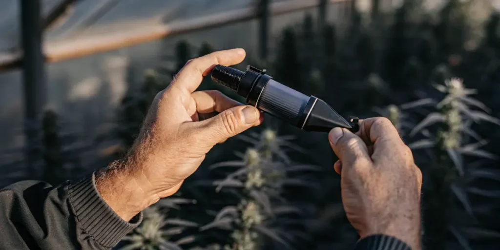 cannabis grower holding a digital refractometer for sap analysis
