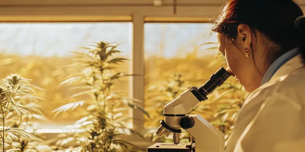 researcher observing cannabis plant cells under microscope in greenhouse lab