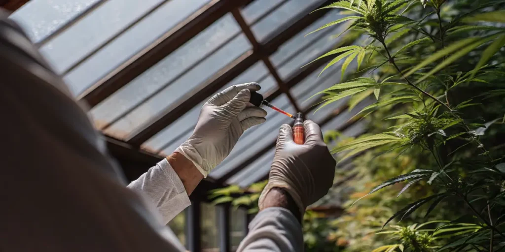 researcher preparing liquid sample with dropper near cannabis plants in greenhouse