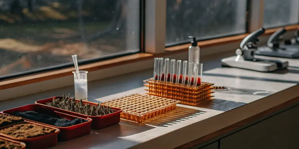 laboratory table with soil samples and cannabis testing tubes