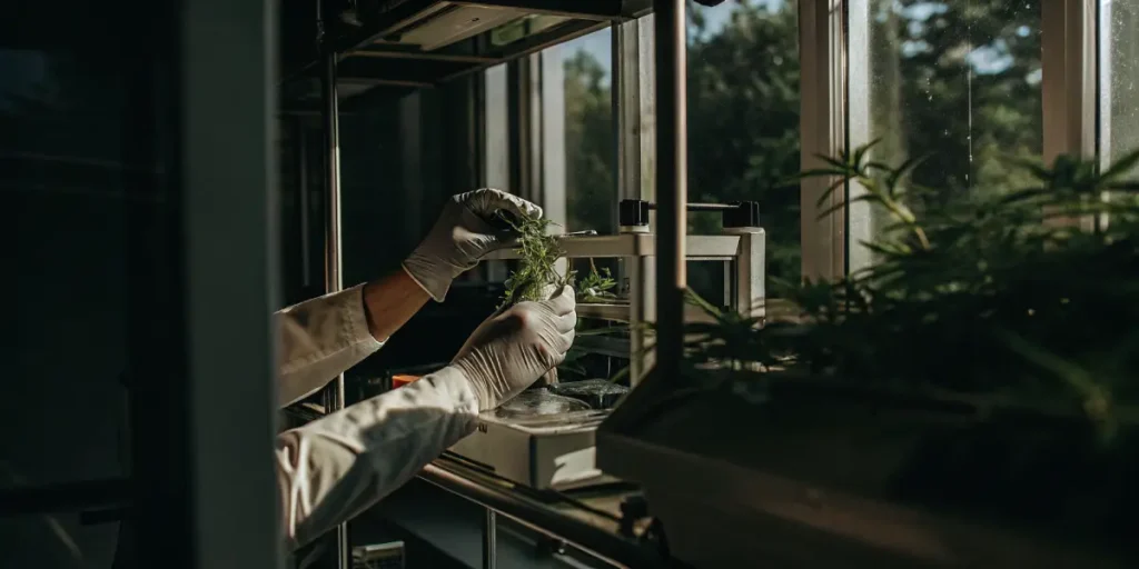 researcher examining cannabis tissue samples under controlled light