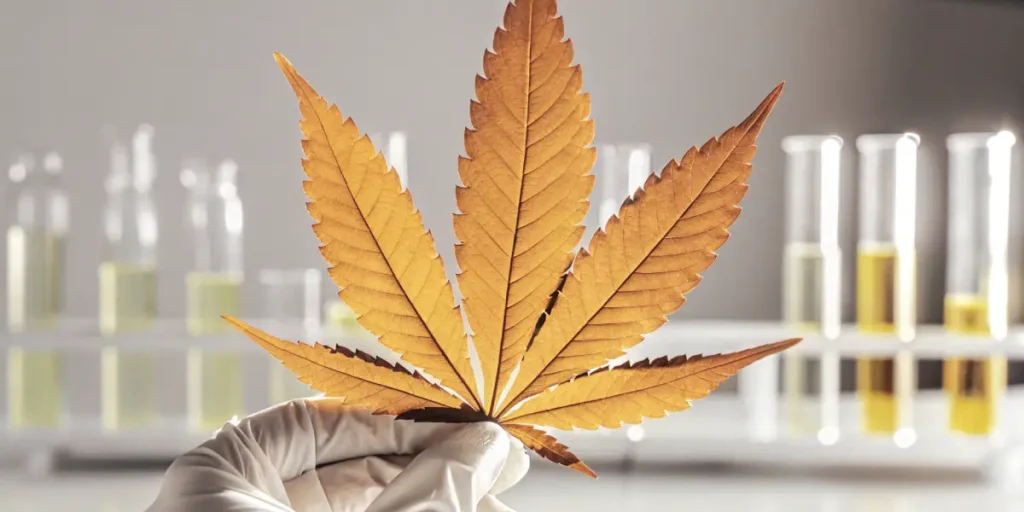 Researcher holding a dried cannabis leaf in a laboratory with test tubes.