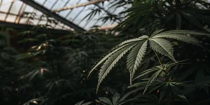 cannabis leaf in dim greenhouse light with natural texture