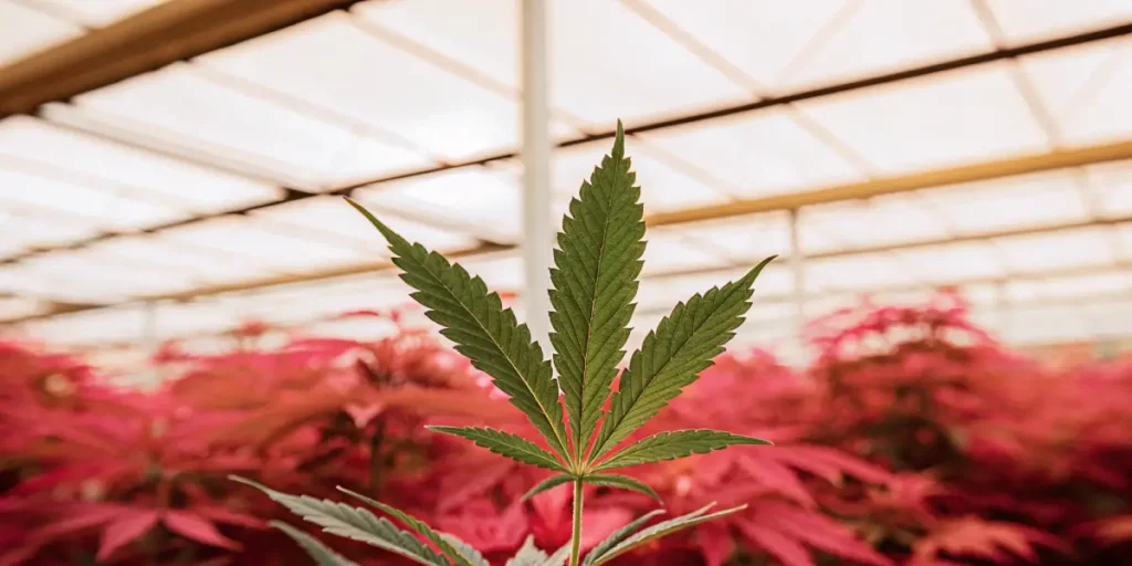 cannabis leaf in greenhouse with red light background