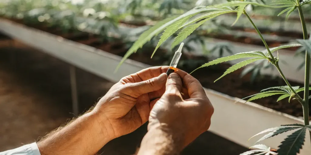 close-up of hands injecting cannabis leaf during scientific experiment