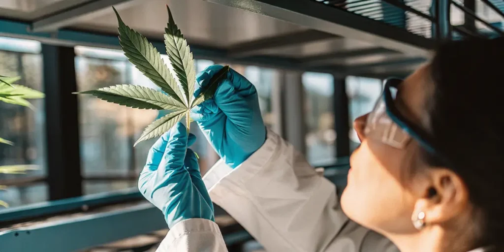 researcher inspecting cannabis leaf under light with blue gloves