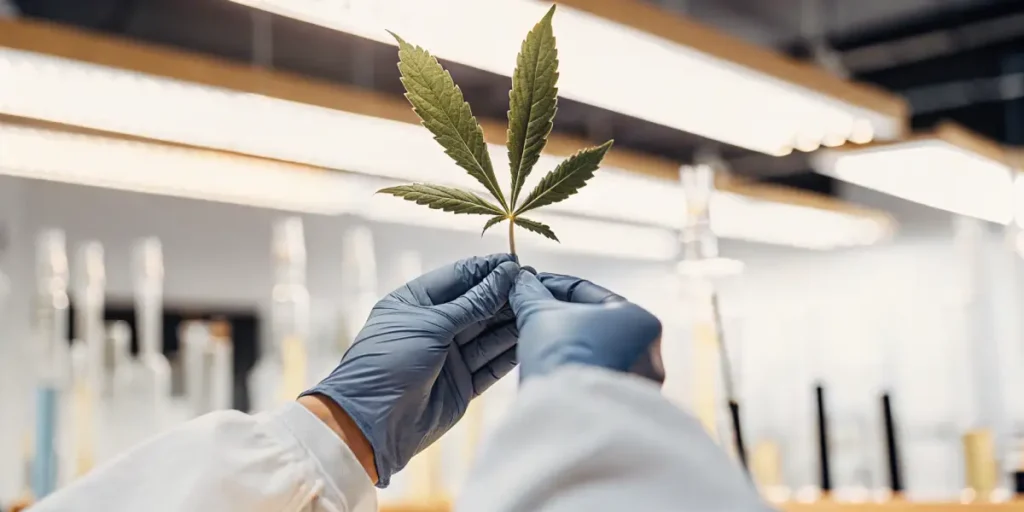 Researcher inspecting cannabis leaf under bright lab lighting.