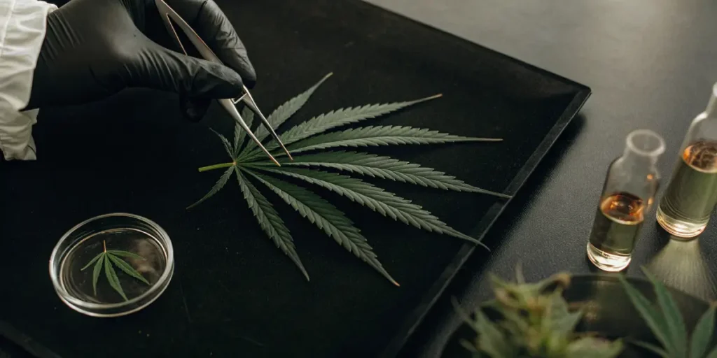 Scientist analyzing a cannabis leaf in a laboratory with glass vials.