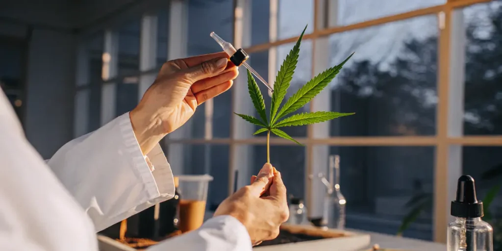 researcher applying liquid on cannabis leaf using dropper in laboratory
