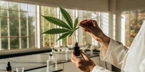 scientist examining cannabis leaf sample in laboratory with glass rod