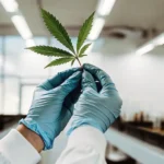 Scientist holding a cannabis leaf with blue gloves inside a laboratory.