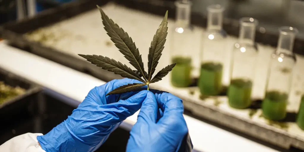 Scientist holding a cannabis leaf in a laboratory for testing and analysis.