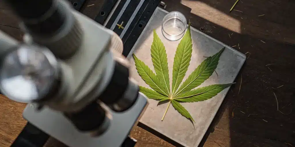 cannabis leaf placed under microscope for scientific examination