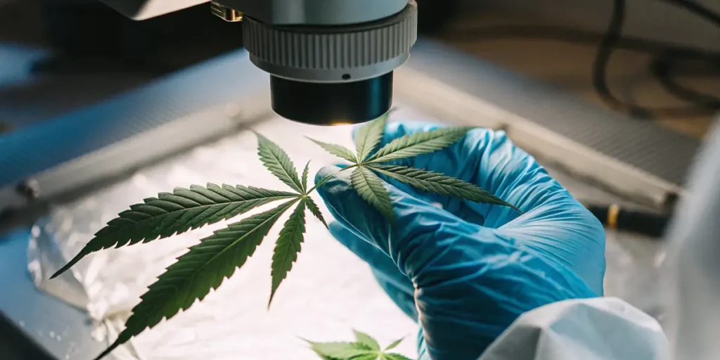 Scientist analyzing a cannabis leaf under a microscope for quality control.