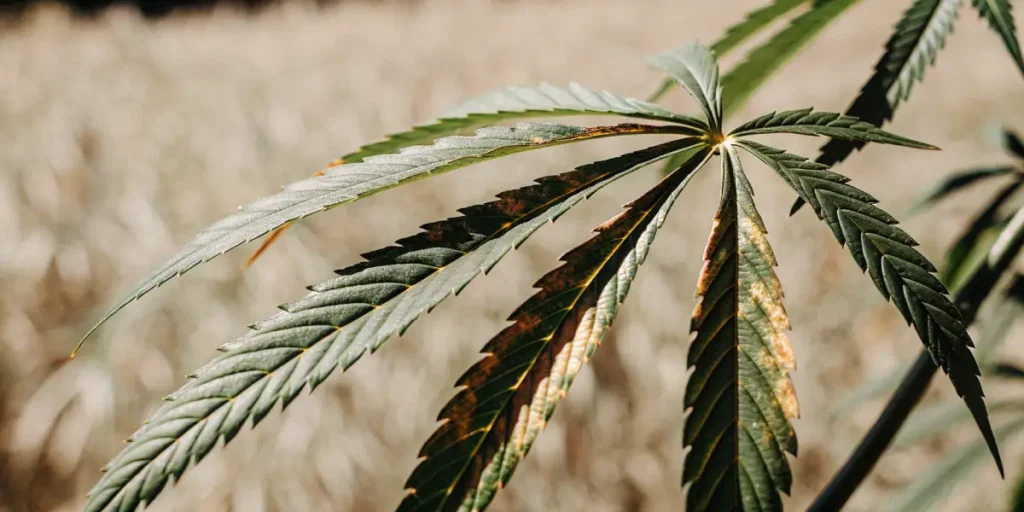 Close-up of a cannabis leaf showing early signs of nutrient burn under sunlight.