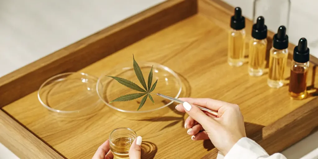 Researcher holding a cannabis leaf with tweezers near oil samples.