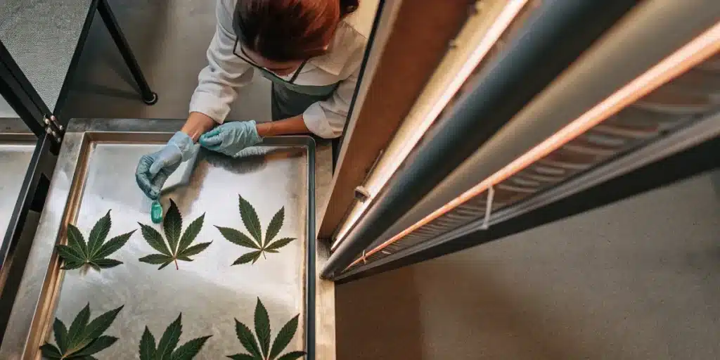 top view of technician analyzing cannabis leaves under laboratory light