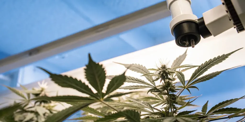 Cannabis leaves under a microscope for laboratory analysis.