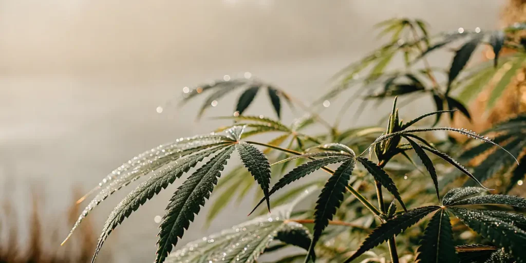 Cannabis leaves with morning dew sparkling in natural sunlight.