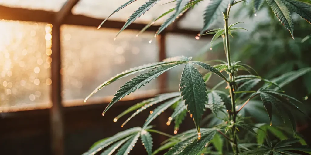 Cannabis leaves with water droplets inside a greenhouse at sunrise.