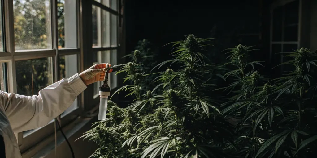 Researcher examining cannabis plants in a laboratory with sampling equipment.