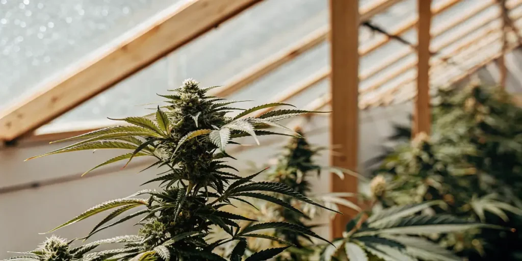 cannabis plant growing in a sunlit greenhouse environment