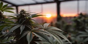 Cannabis plant with flowering bud in greenhouse at sunset.