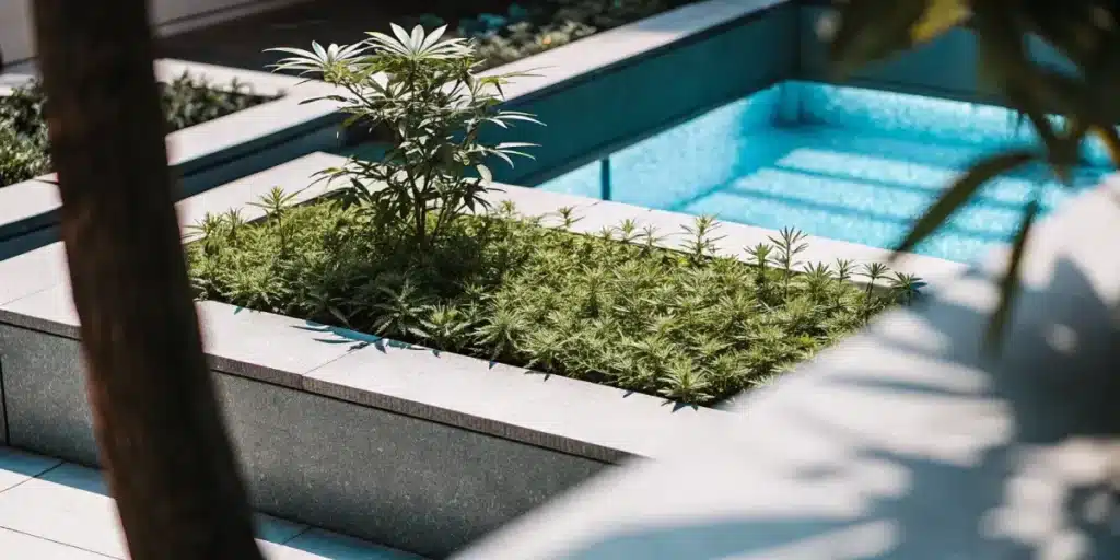 Cannabis plant growing in a modern outdoor planter beside a pool.