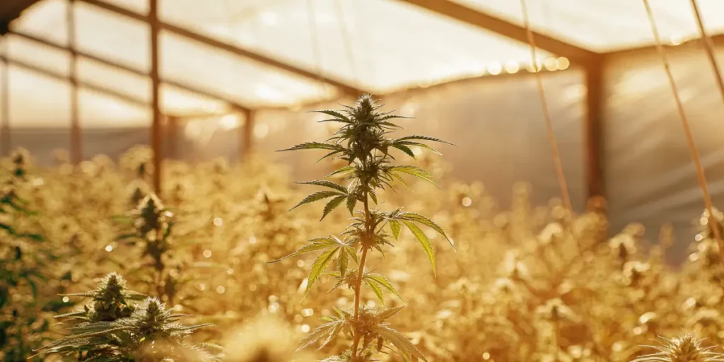 Cannabis plant growing in a sunlit greenhouse with golden light.