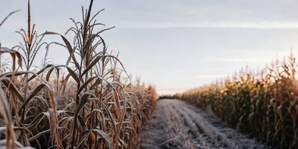 Cannabis plant standing tall in a cornfield during sunset.
