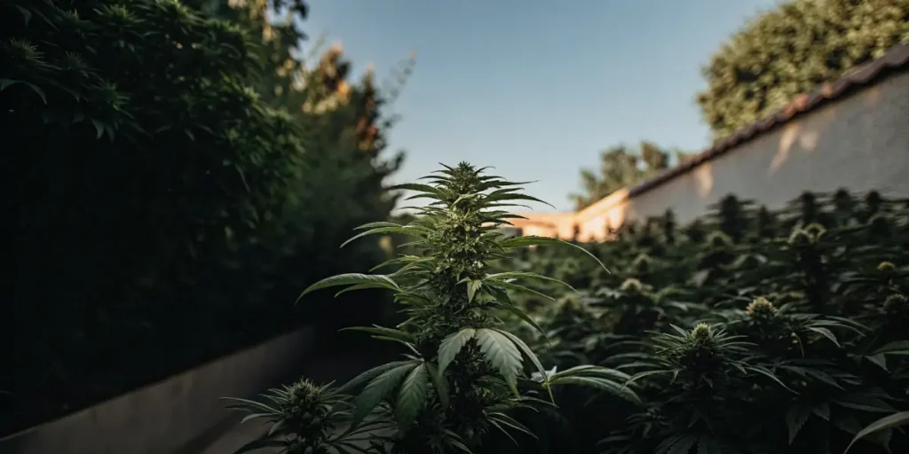 Cannabis plant growing in a private outdoor garden with natural light.