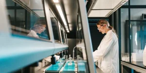 gloved hand injecting cannabis plant in laboratory for research