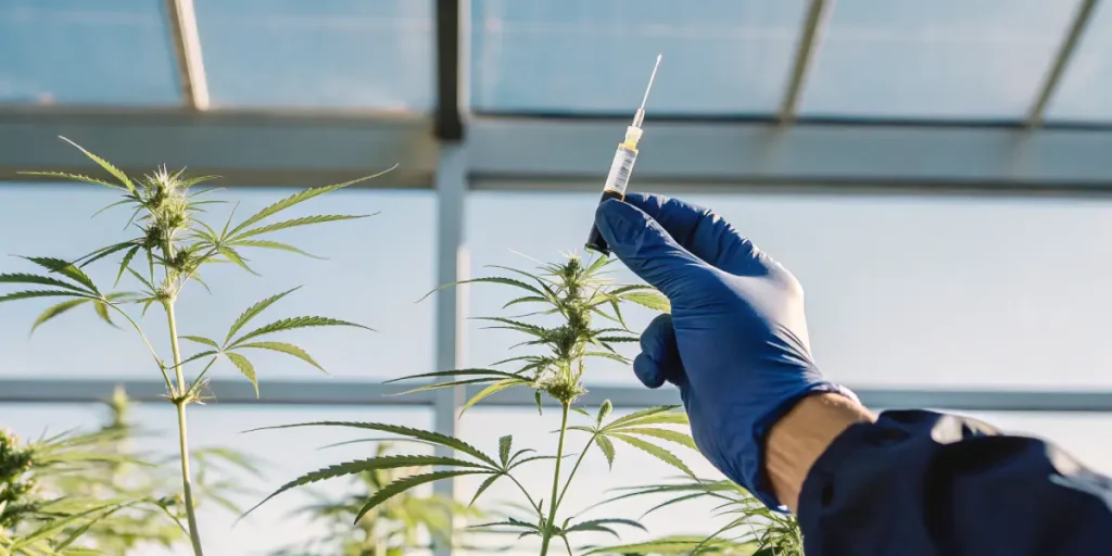 gloved hand injecting cannabis plant in laboratory for research