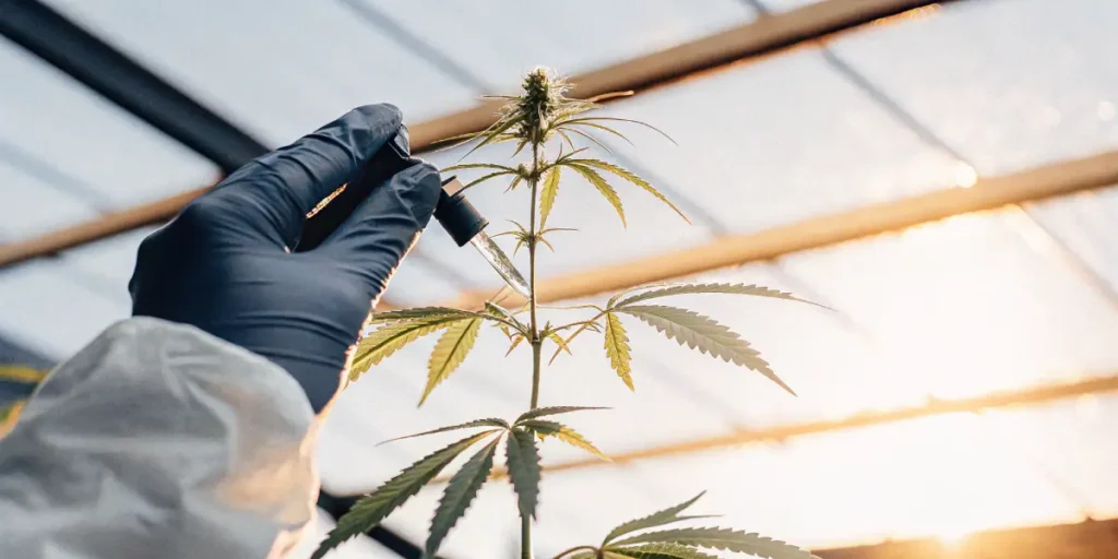 gloved researcher applying liquid to cannabis plant with dropper