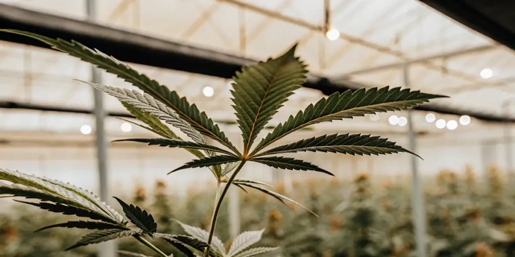 Cannabis plant leaf under greenhouse lights during the vegetative stage.