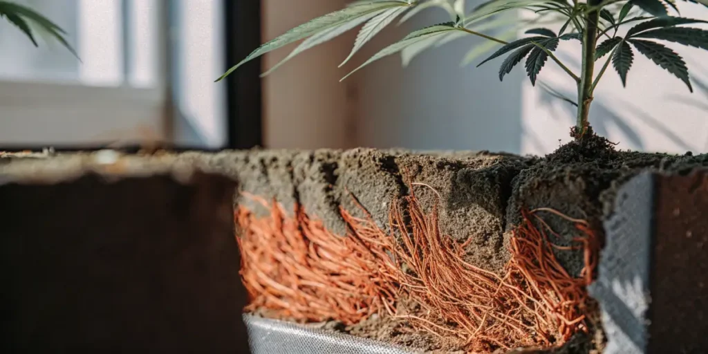 Cannabis seedlings with visible root growth in outdoor soil.