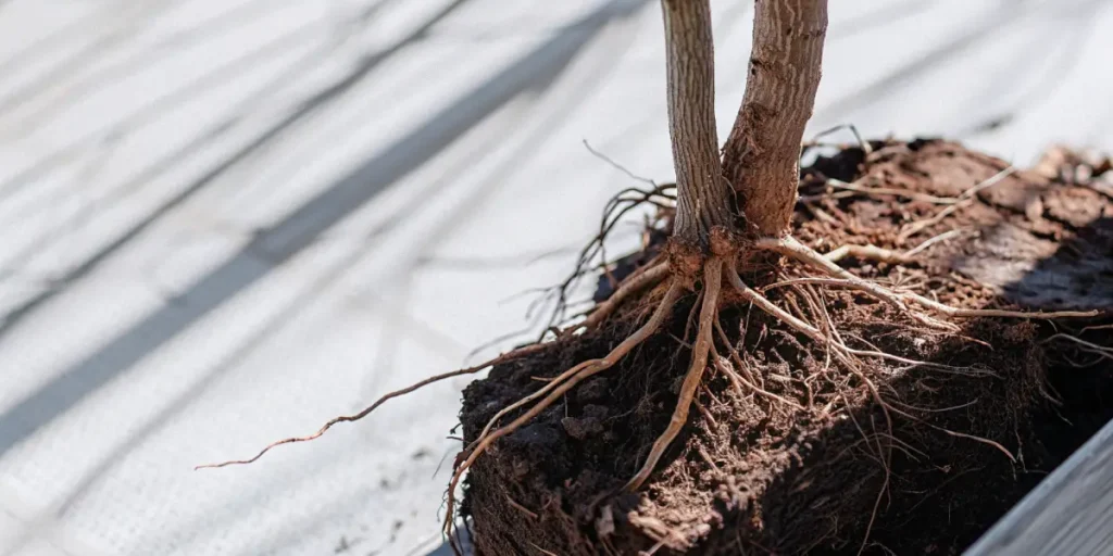 Close-up of cannabis plant roots in a soil block ready for transplanting.